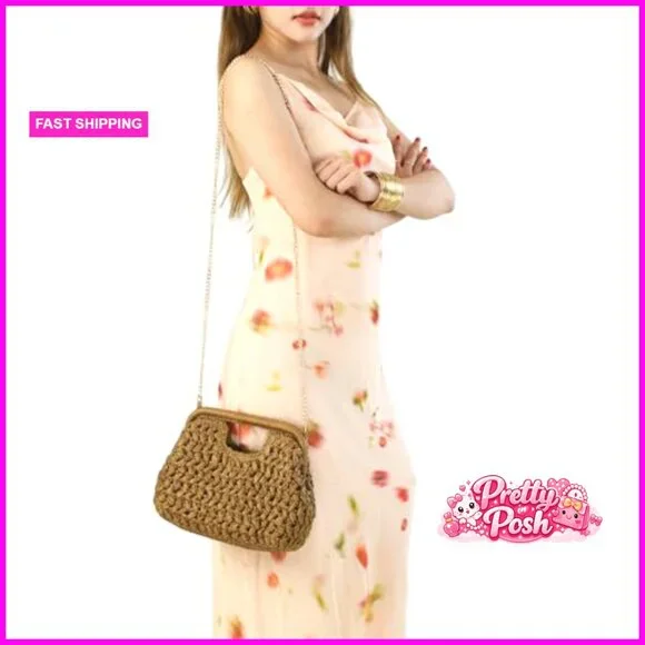 Straw Clutch Purse, Woven Evening Shoulder Bag with Detachable Chain Strap - Picture 5 of 7